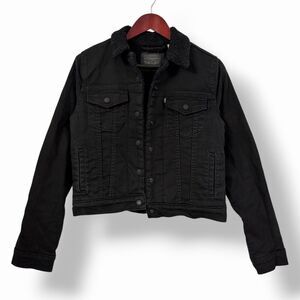 Levi's Women's Original Sherpa Trucker Jacket Black Denim Snap Front Coat Small